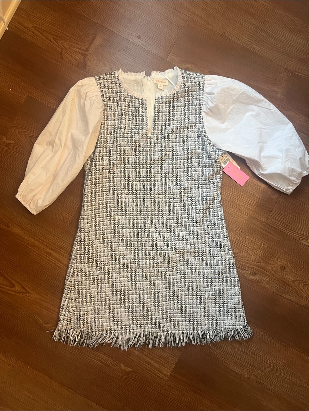 Riley & Rae Black-and-White Tweed Shift Dress with White Puff Sleeves